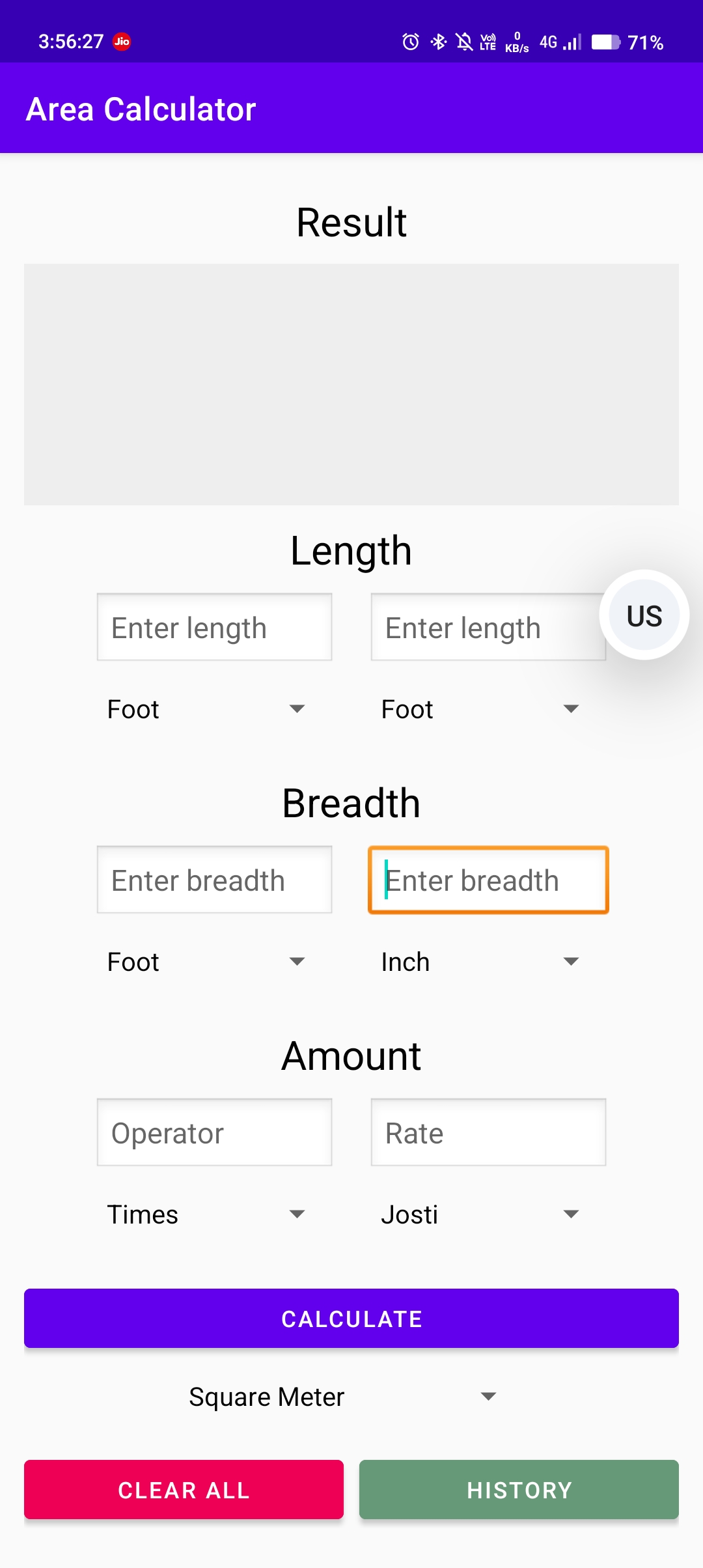 Land area calculator application interface